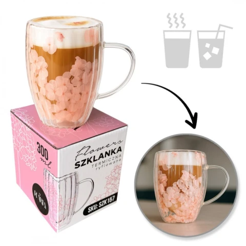 Szklanka termiczna ryflowana z kwiatami w środku, gipsówka róż 300 ml 1szt SZK157