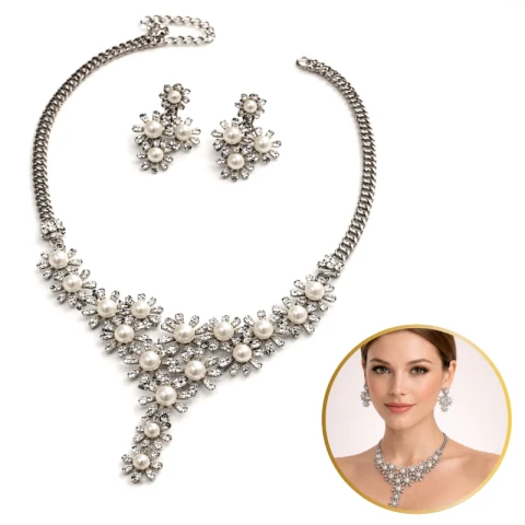 Elegancki Zestaw Biżuterii z Perłami i Kryształami – Naszyjnik + Kolczyki, srebrny N1071S
