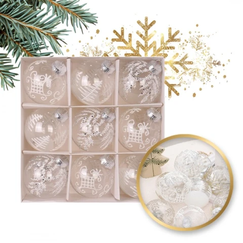 Komplet bombek 9 szt. opakowaniu białe 8cm, bombki na choinkę BSN42
