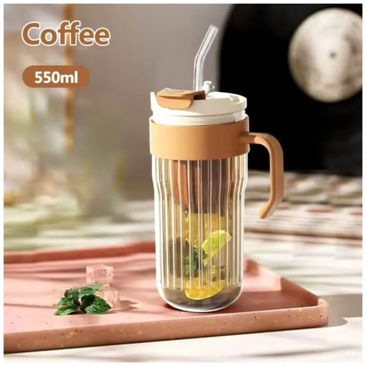 Kubek z ryflowanego szkła na Kawę Herbatę ze słomką, sitkiem i zamknięciem 550 ML CUP12BR - obrazek 3