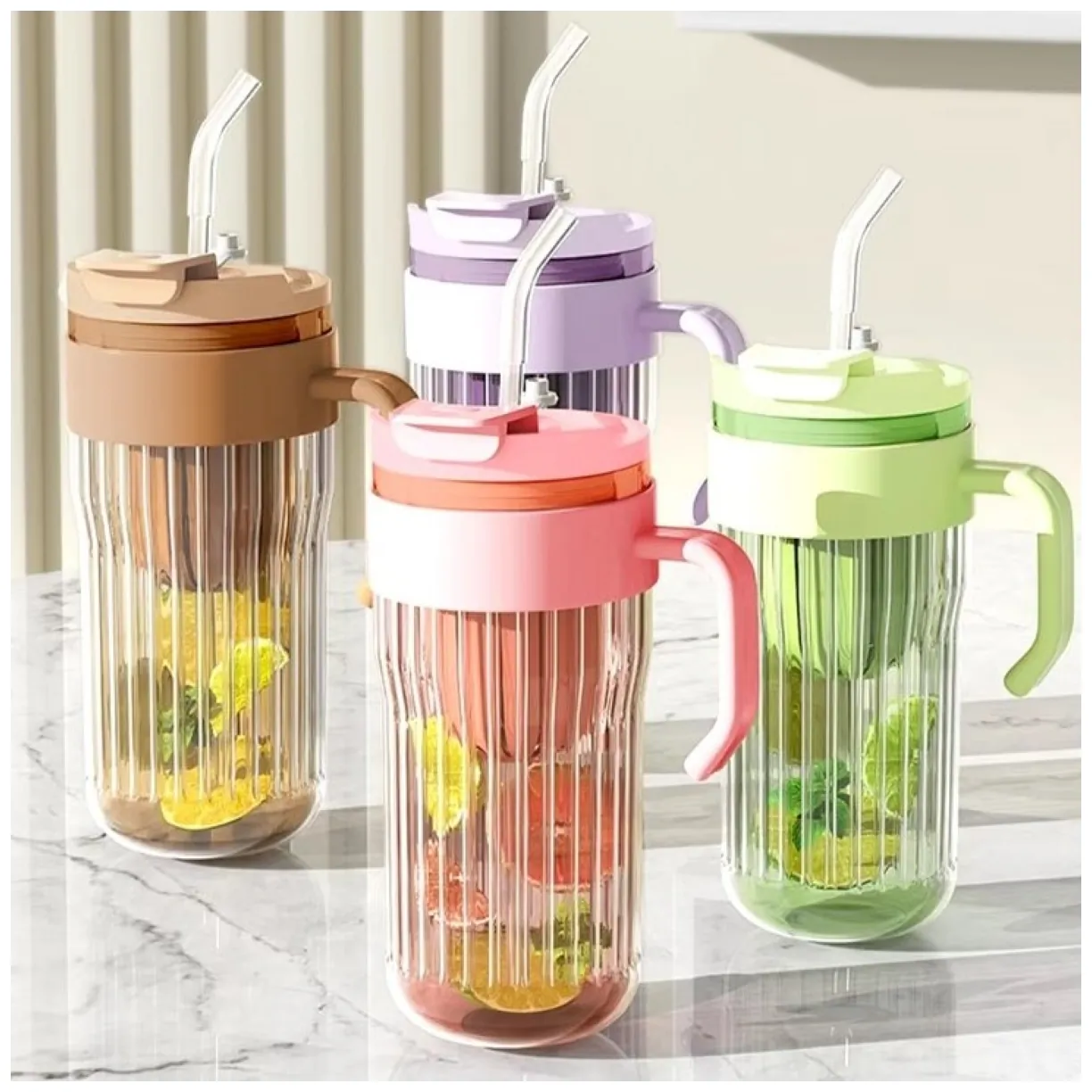 Kubek z ryflowanego szkła na Kawę Herbatę ze słomką, sitkiem i zamknięciem 550 ML CUP12BR - obrazek 4