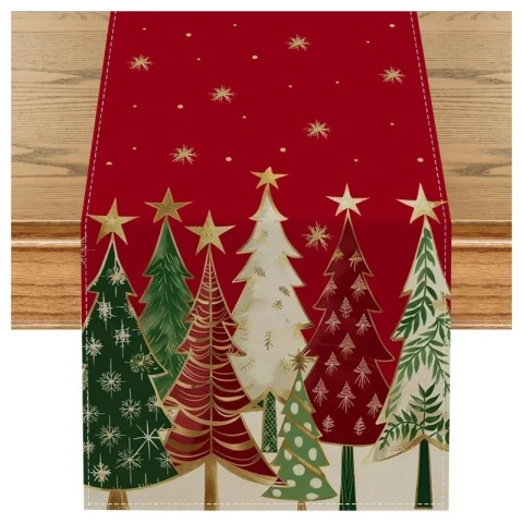 Lniany bieżnik na stół bożonarodzeniowy, czerwony, choinki 180 x 33cm BZK05