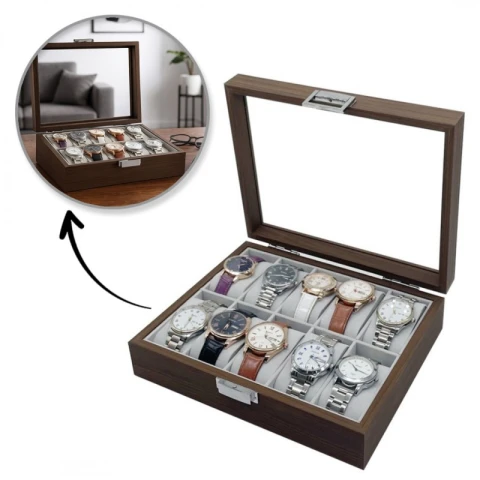 Szkatułka na 10 zegarków, etui, organizer zamykany ze szkłem 26x21cm PDMDF05