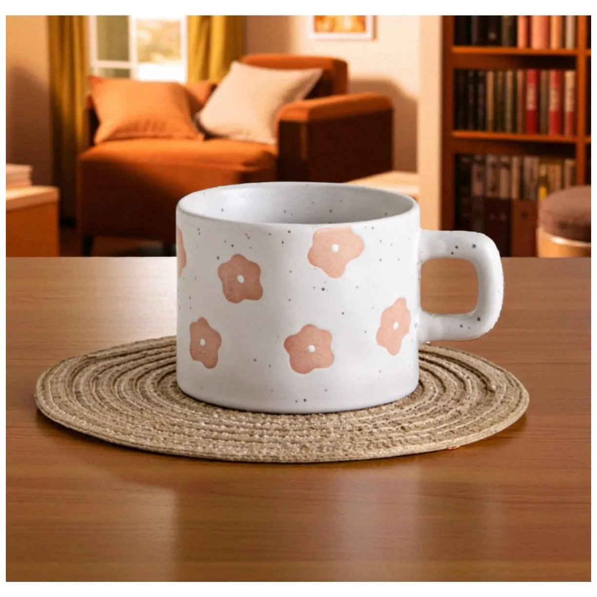 Stylowy biały kubek ceramiczny z brązowym kwiatowym wzorem retro 250 ml - obrazek 3