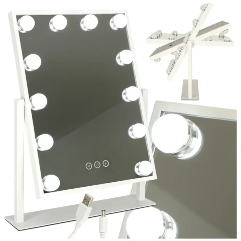 Lusterko do makijażu kosmetyczne podświetlane 12 LED Hollywood z 12 żarówkami USB 30 x 40 cm