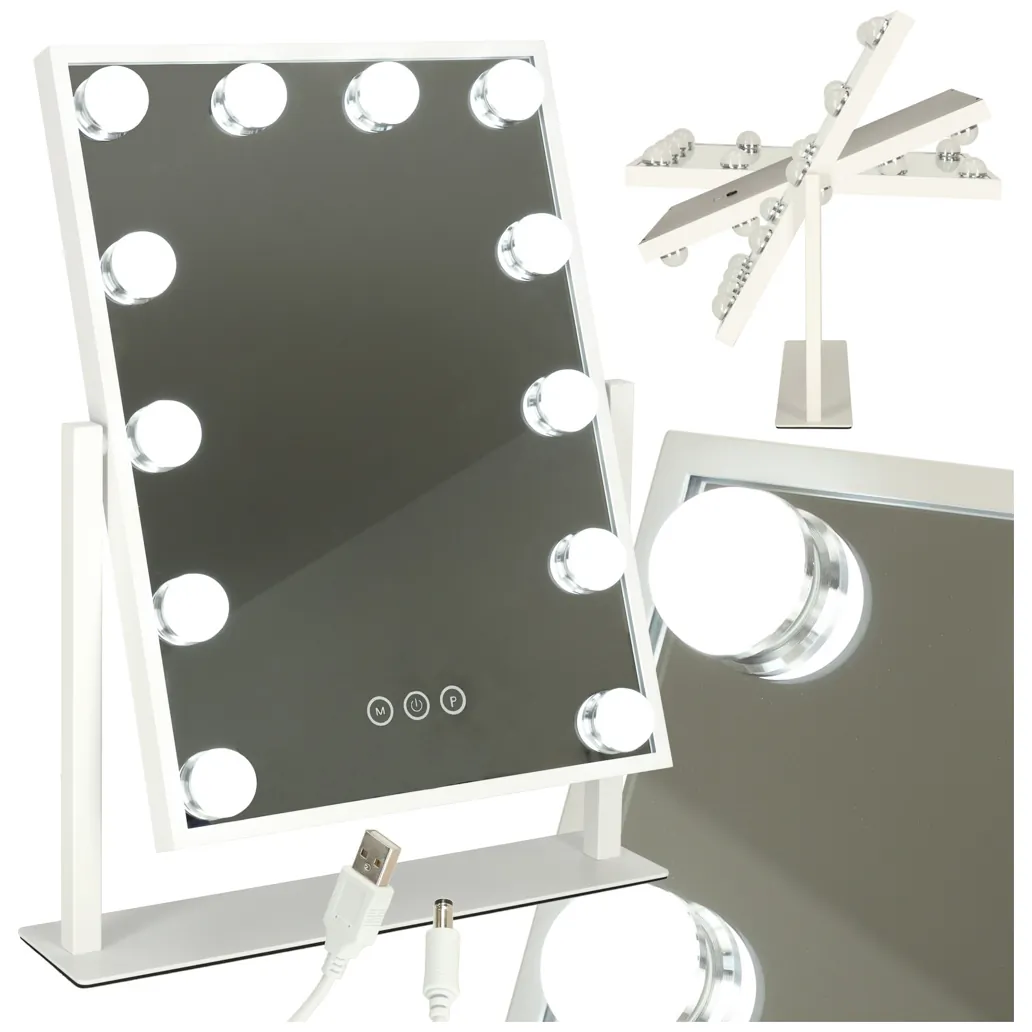Lusterko do makijażu kosmetyczne podświetlane 12 LED Hollywood z 12 żarówkami USB 30 x 40 cm