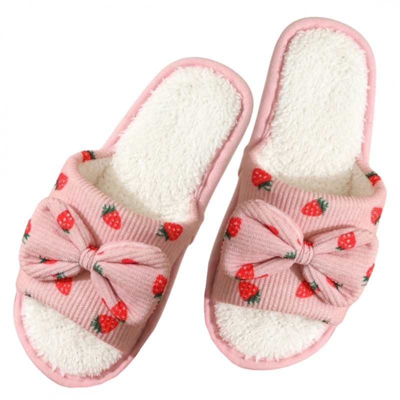 Kapcie ocieplane z kokardą, TRUSKAWKI, antypoślizgowe PAN05R38, rozmiar 38 - obrazek 2