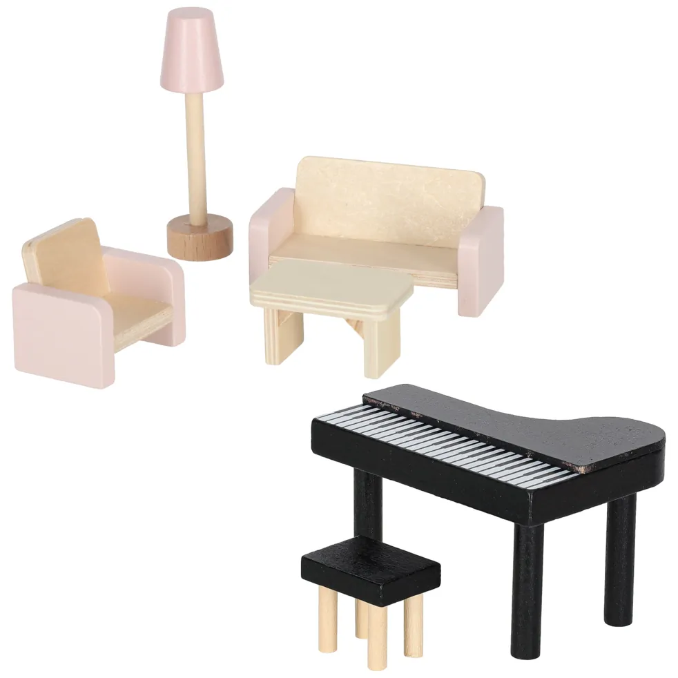 Różowy drewniany domek dla lalek z oświetleniem LED i mebelkami 78 cm - obrazek 11