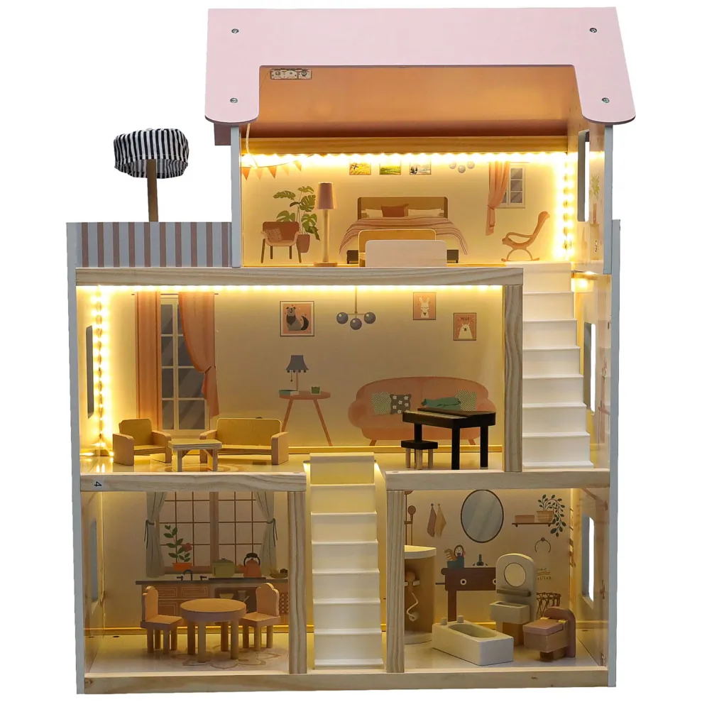 Różowy drewniany domek dla lalek z oświetleniem LED i mebelkami 78 cm - obrazek 13