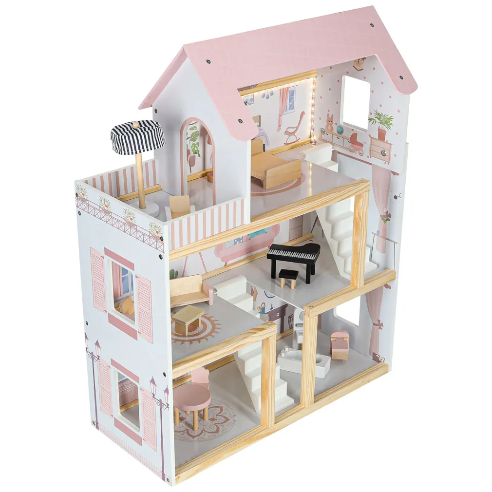Różowy drewniany domek dla lalek z oświetleniem LED i mebelkami 78 cm - obrazek 15