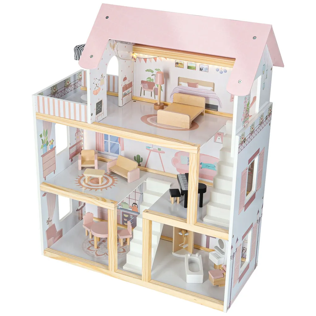 Różowy drewniany domek dla lalek z oświetleniem LED i mebelkami 78 cm - obrazek 16
