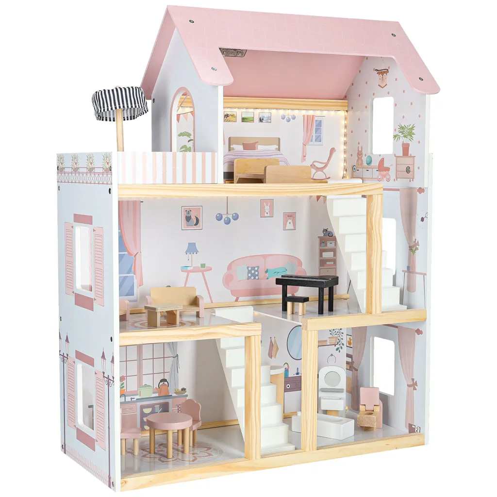 Różowy drewniany domek dla lalek z oświetleniem LED i mebelkami 78 cm - obrazek 17
