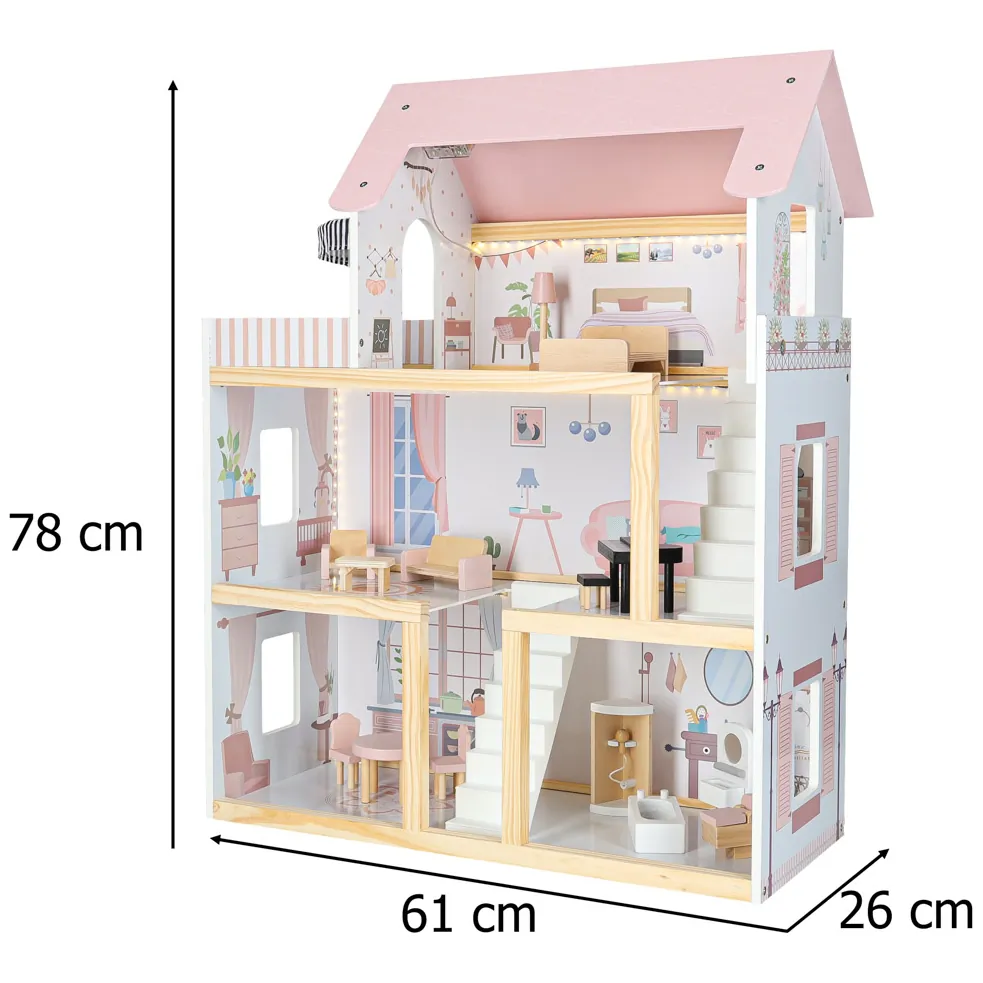 Różowy drewniany domek dla lalek z oświetleniem LED i mebelkami 78 cm - obrazek 4