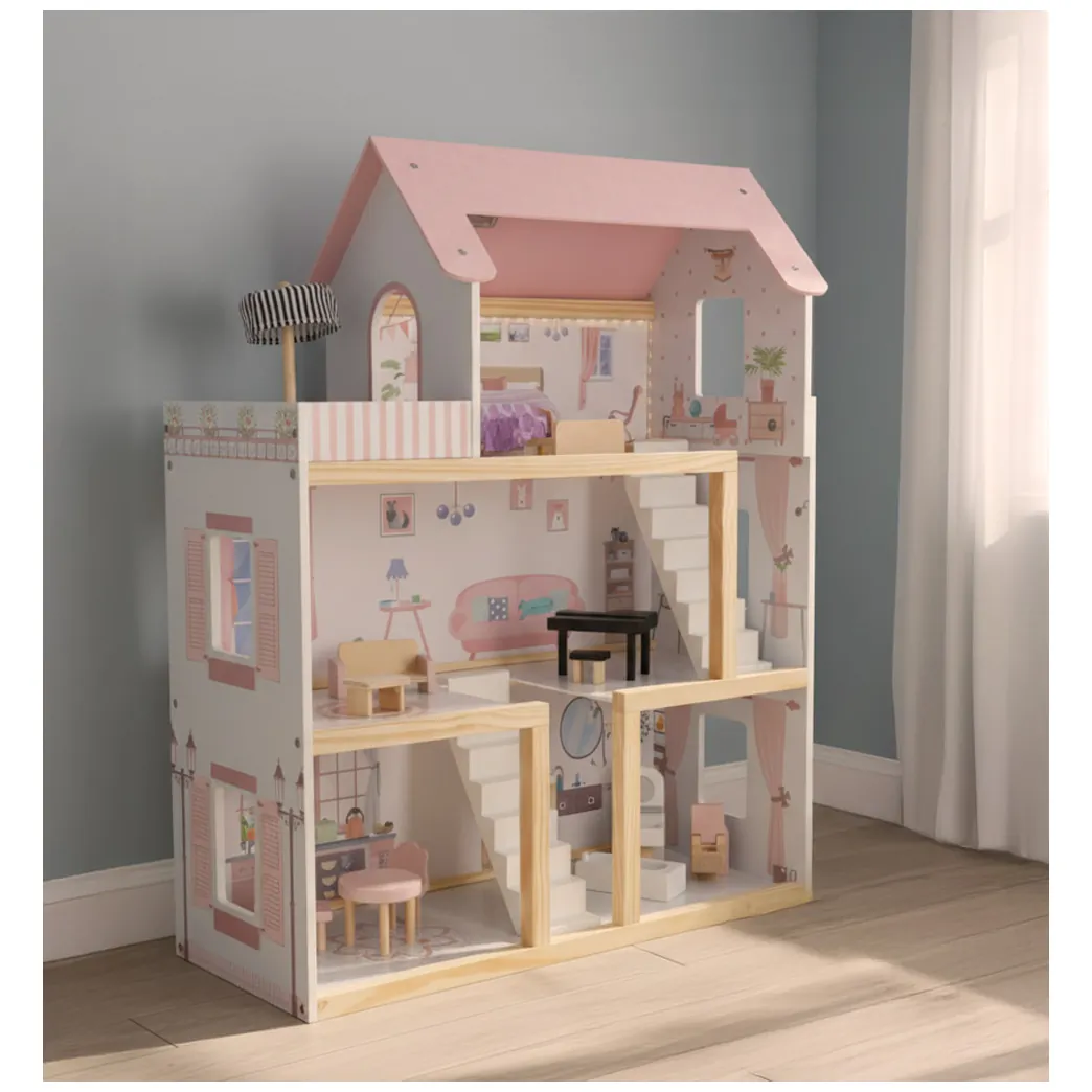 Różowy drewniany domek dla lalek z oświetleniem LED i mebelkami 78 cm - obrazek 5