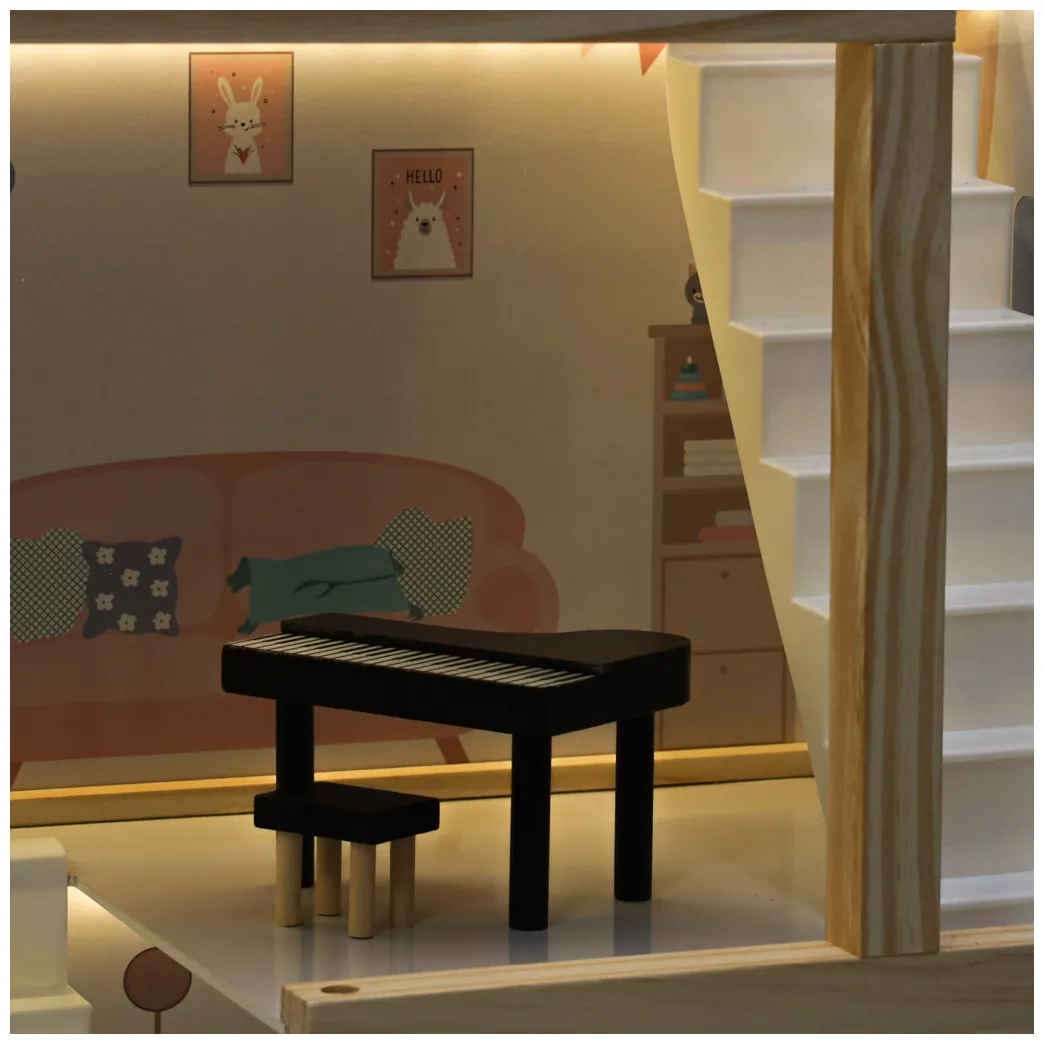 Różowy drewniany domek dla lalek z oświetleniem LED i mebelkami 78 cm - obrazek 7