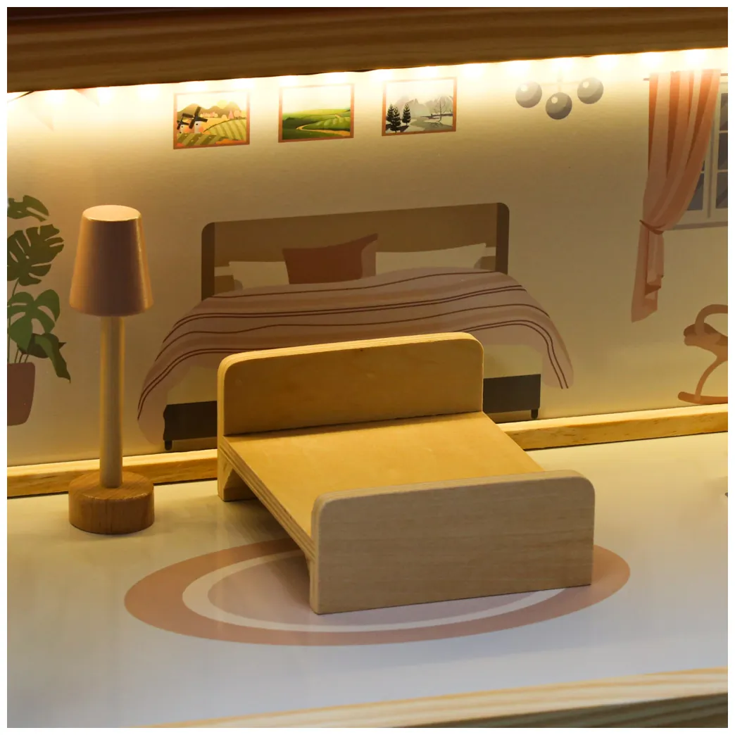 Różowy drewniany domek dla lalek z oświetleniem LED i mebelkami 78 cm - obrazek 10