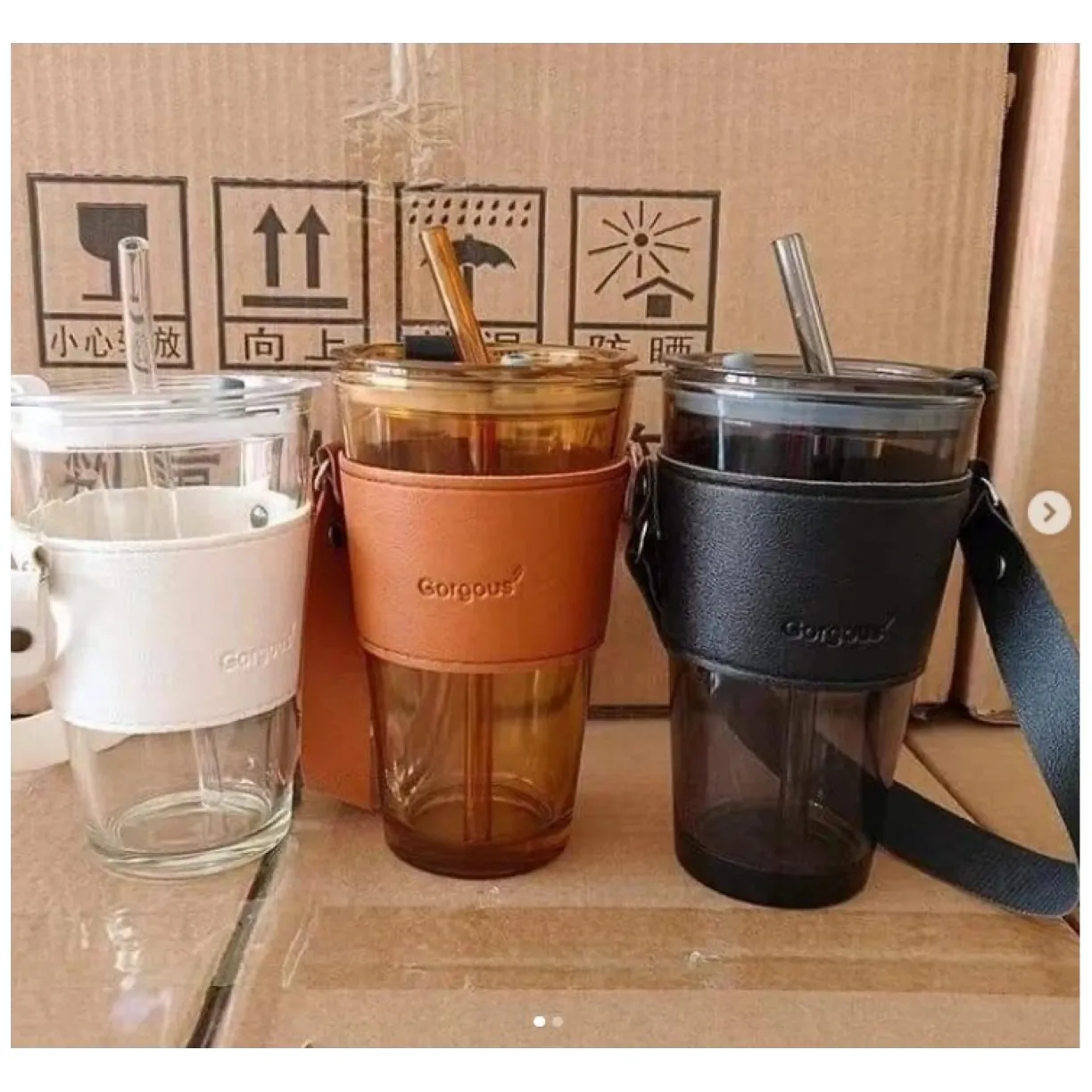 Kubek ze szkła na Kawę Herbatę ze słomką i zamknięciem 450 ML CUP09B - obrazek 2