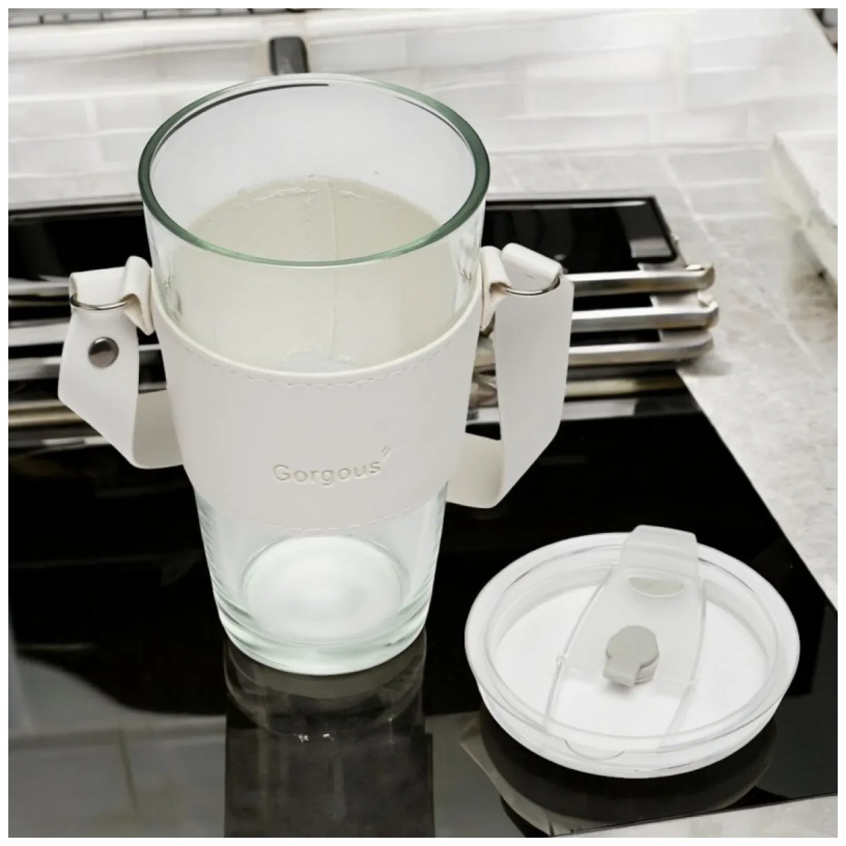 Kubek ze szkła na Kawę Herbatę ze słomką i zamknięciem 450 ML CUP09B - obrazek 3
