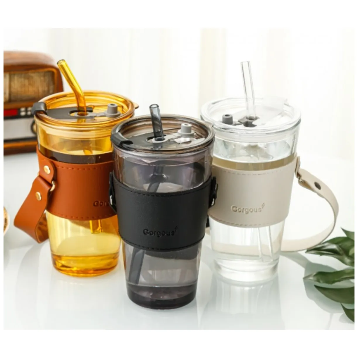 Kubek ze szkła na Kawę Herbatę ze słomką i zamknięciem 450 ML CUP09B - obrazek 6