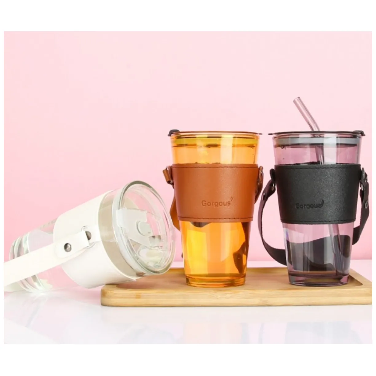 Kubek ze szkła na Kawę Herbatę ze słomką i zamknięciem 450 ML CUP09B - obrazek 7