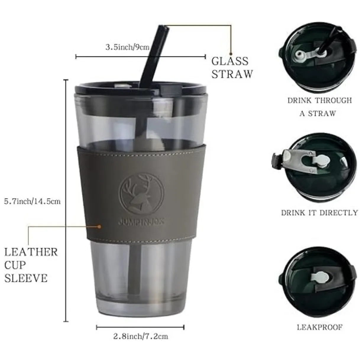 Kubek ze szkła na Kawę Herbatę ze słomką i zamknięciem 450 ML CUP09B - obrazek 8