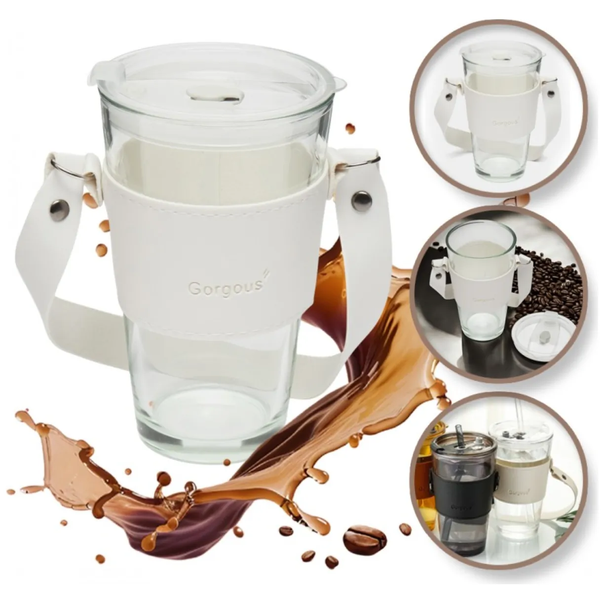 Kubek ze szkła na Kawę Herbatę ze słomką i zamknięciem 450 ML CUP09B