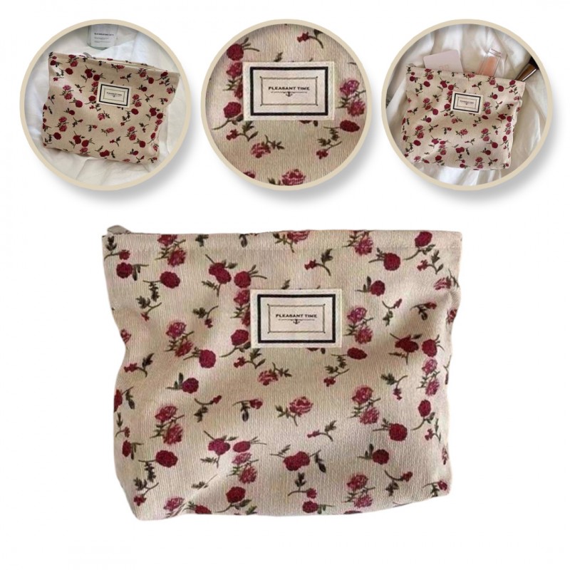 Kosmetyczka jednokomorowa beżowa w czerwone kwiatuszki 25 x 5 x18 cm KS117 - obrazek 2