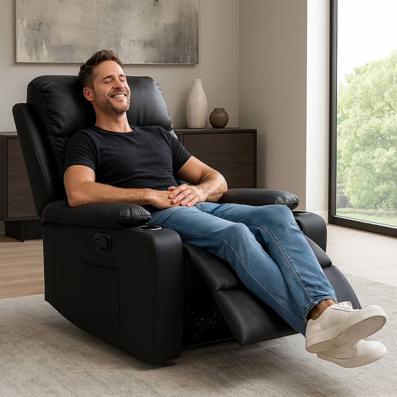 Fotel, sofa rozkładana jednoosobowa VERO z uchwytem na napój, ekoskóra czarna SOF01CZ - obrazek 2