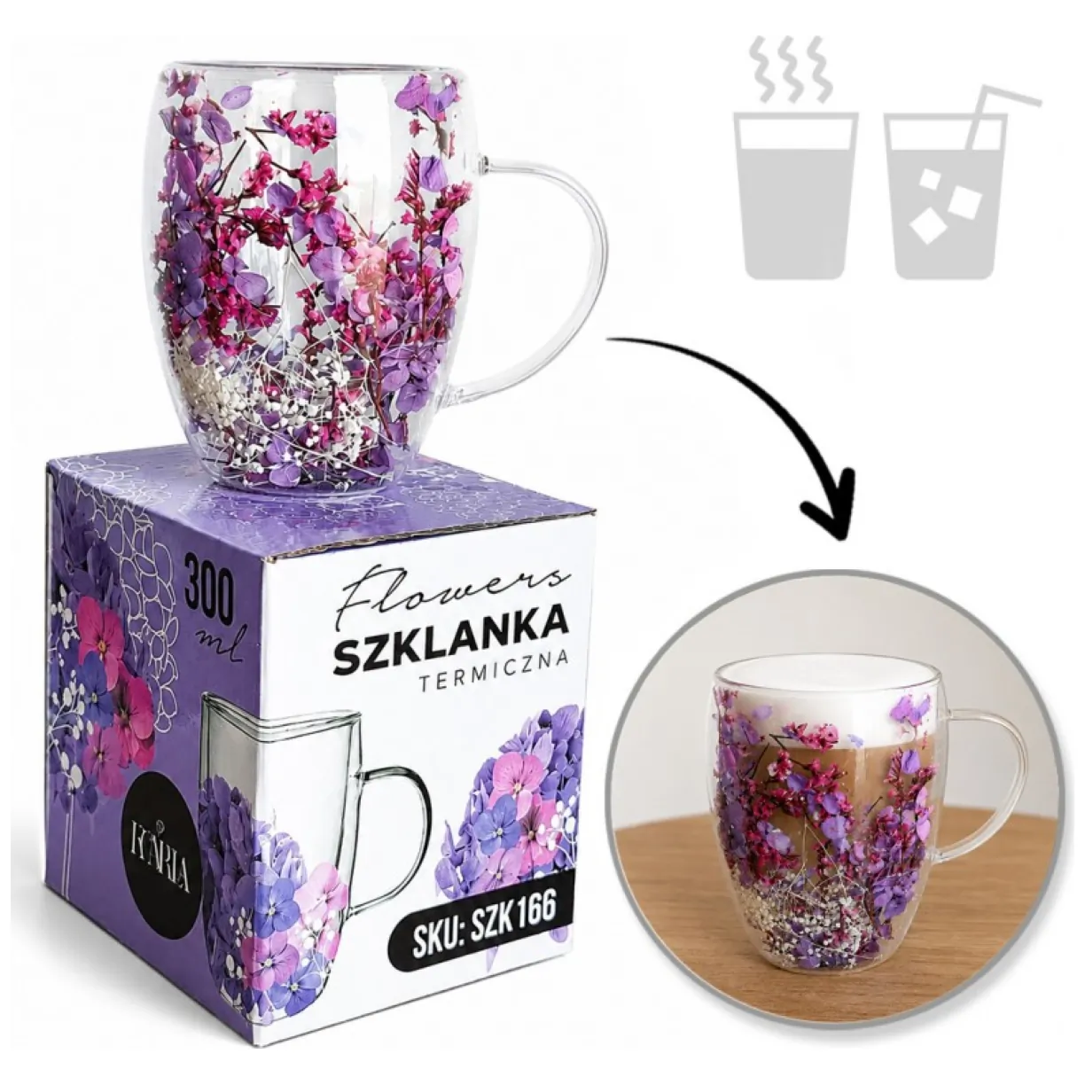 Szklanka termiczna z kwiatami w środku, gipsówka hortensje 300 ml 1szt