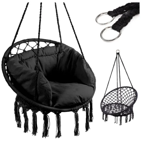 Huśtawka LUARO fotel bocianie gniazdo z poduszką czarne 80cm 150kg