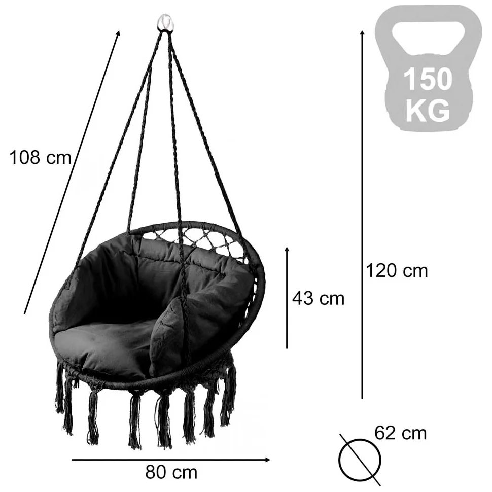 Huśtawka LUARO fotel bocianie gniazdo z poduszką czarne 80cm 150kg - obrazek 6