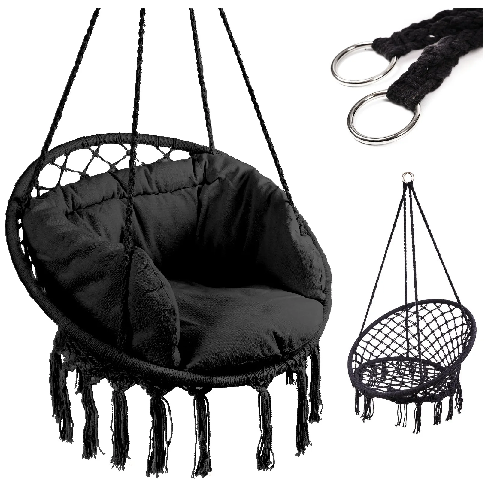 Huśtawka LUARO fotel bocianie gniazdo z poduszką czarne 80cm 150kg