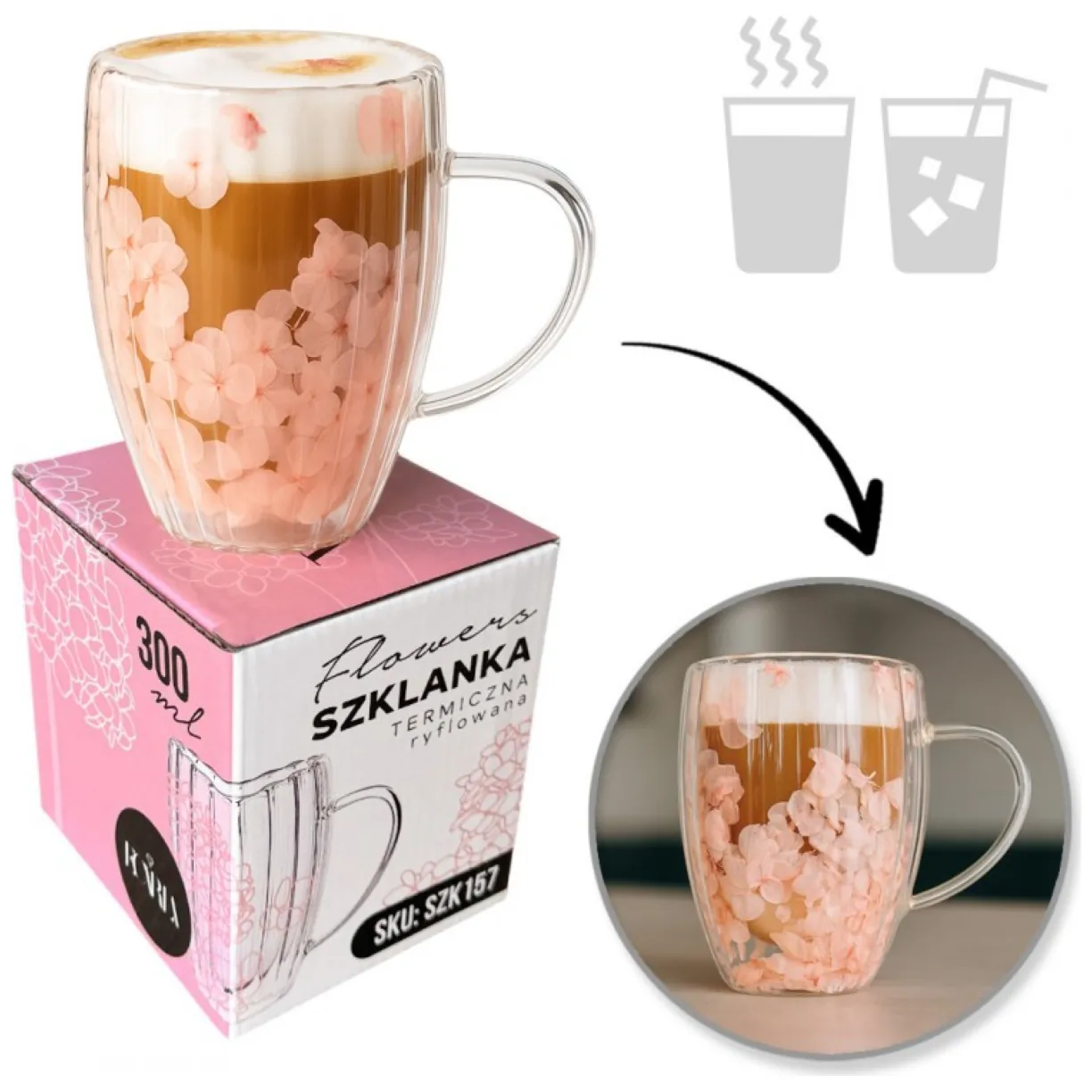 Szklanka termiczna ryflowana z kwiatami w środku, gipsówka róż 300 ml 1szt SZK157