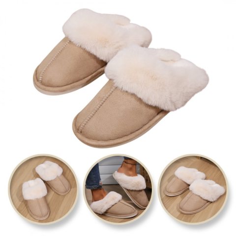 Ciepłe kapcie ocieplane beżowe z futerkiem, antypoślizgowe PAN01R40, rozmiar 40