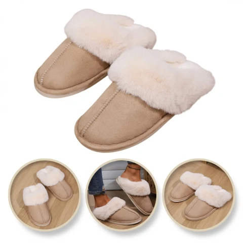 Ciepłe kapcie ocieplane beżowe z futerkiem, antypoślizgowe PAN01R40, rozmiar 40