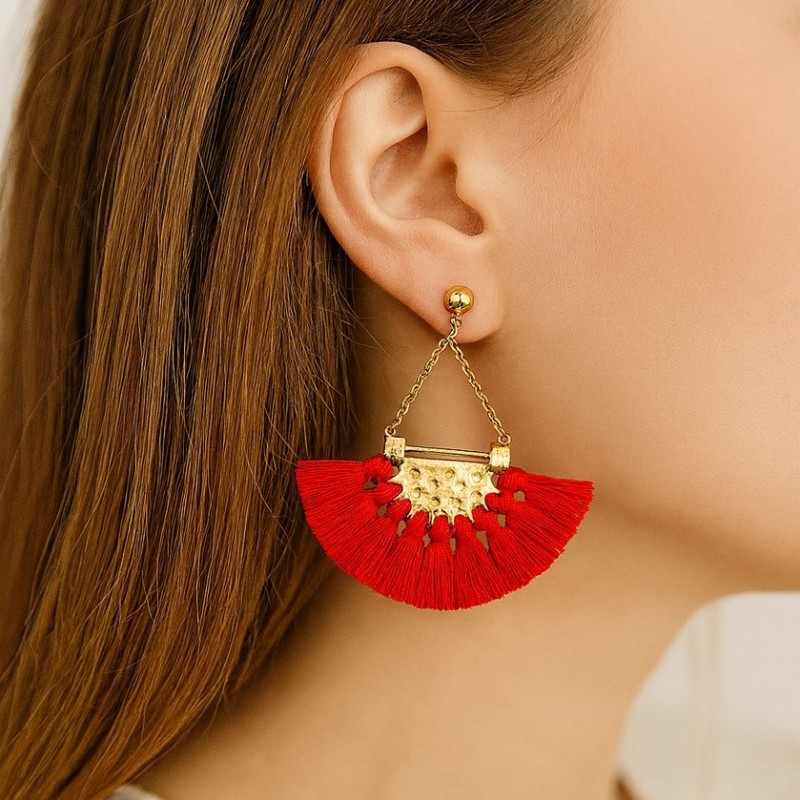 KOLCZYKI KOŁA FRĘDZLE CHWOST CZERWONE K647CZE - obrazek 2