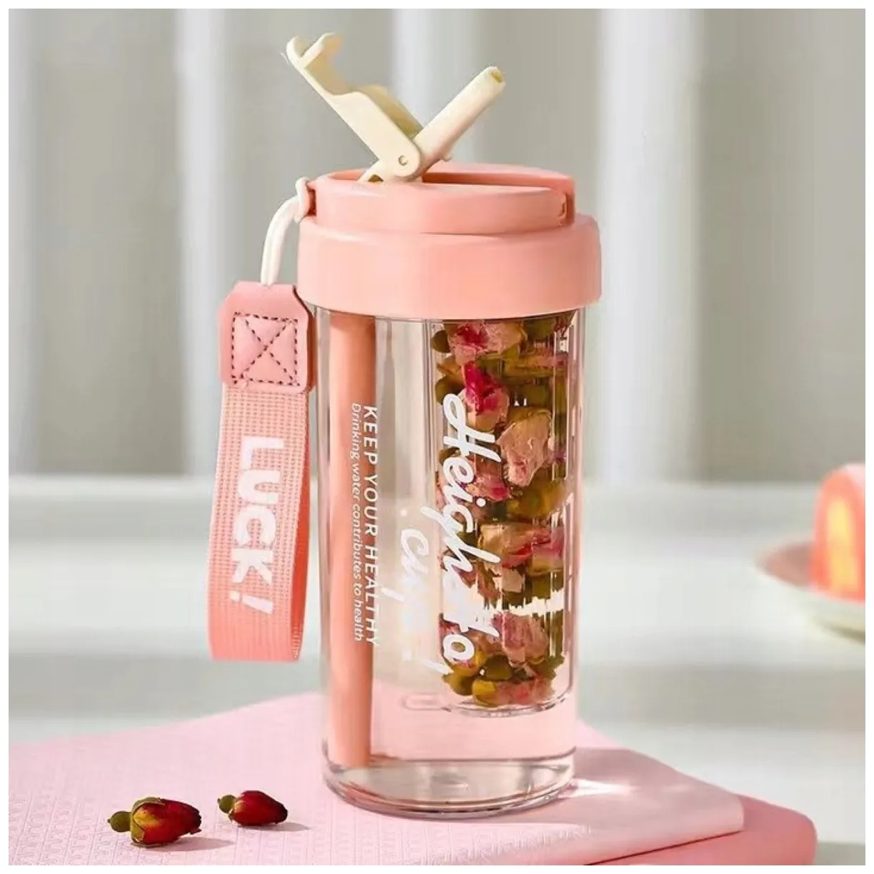 Butelka na wodę z koszyczkiem i słomką 600 ML Simple BD32R - obrazek 4
