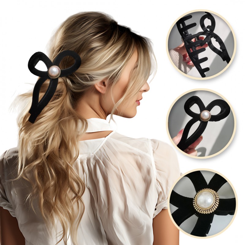 Spinka do włosów, klamra Vintage velvet czarna z perłą XL 11x6cm SP336 - obrazek 2