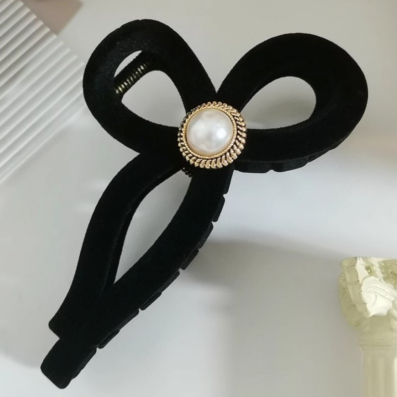 Spinka do włosów, klamra Vintage velvet czarna z perłą XL 11x6cm SP336 - obrazek 3