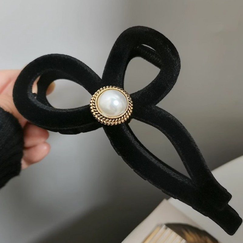 Spinka do włosów, klamra Vintage velvet czarna z perłą XL 11x6cm SP336 - obrazek 4