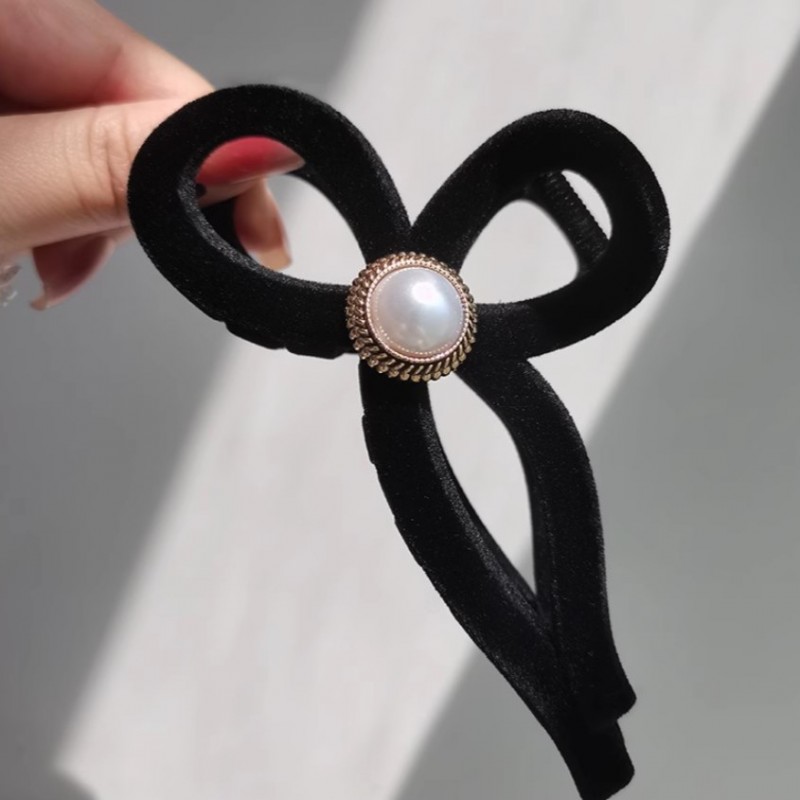 Spinka do włosów, klamra Vintage velvet czarna z perłą XL 11x6cm SP336 - obrazek 6