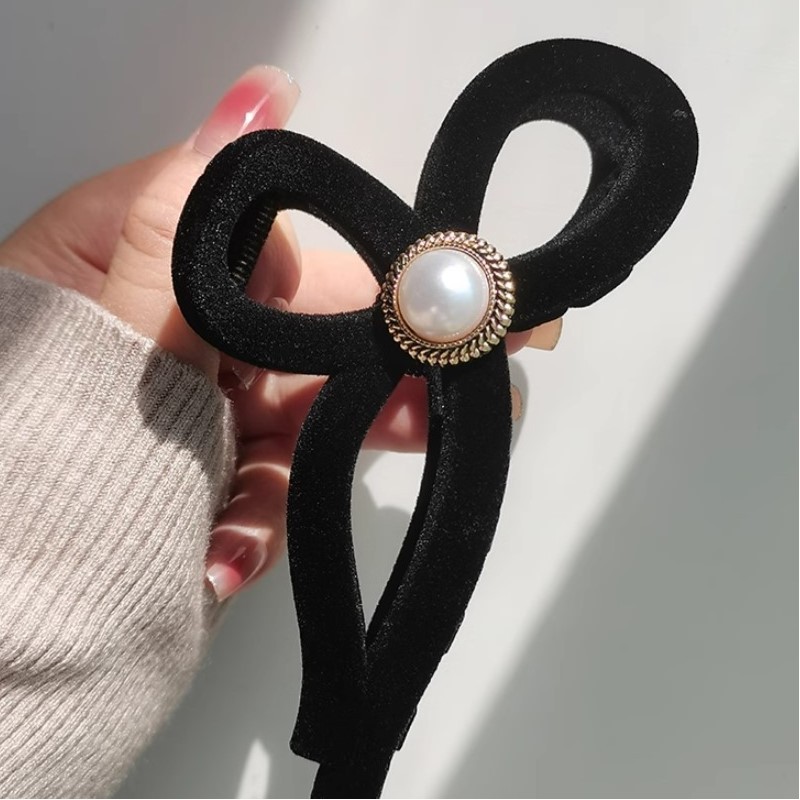 Spinka do włosów, klamra Vintage velvet czarna z perłą XL 11x6cm SP336 - obrazek 7