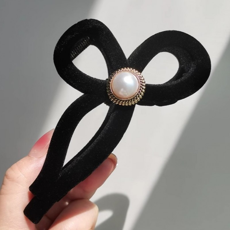 Spinka do włosów, klamra Vintage velvet czarna z perłą XL 11x6cm SP336 - obrazek 8