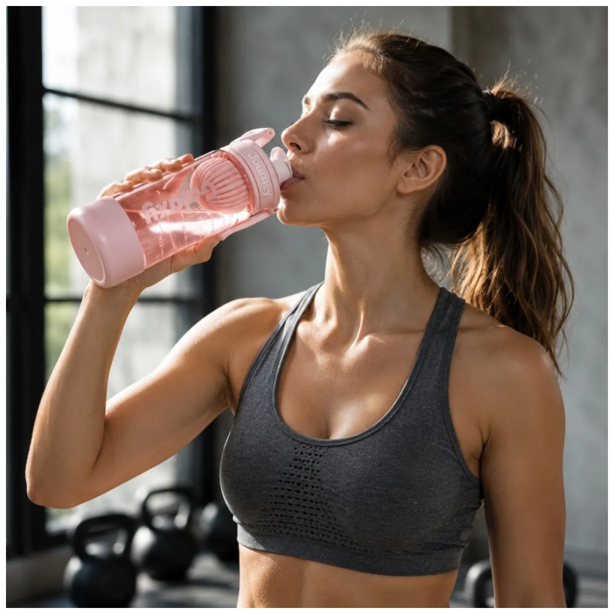 Sportowy bidon z uchwytem i miarką, butelka na wodę różowa 800 ml - obrazek 4