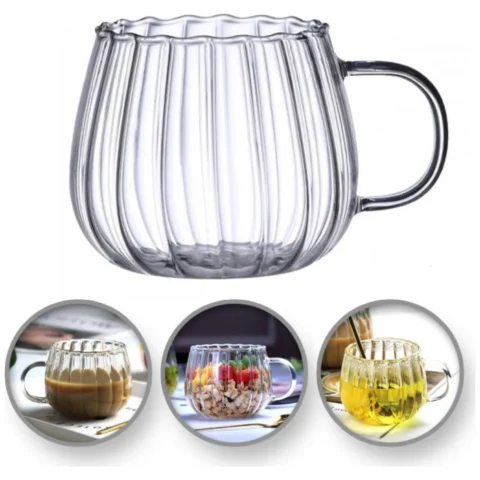 Szklanka ryflowana z uchem 400 ml przezroczysta do kawy i herbaty