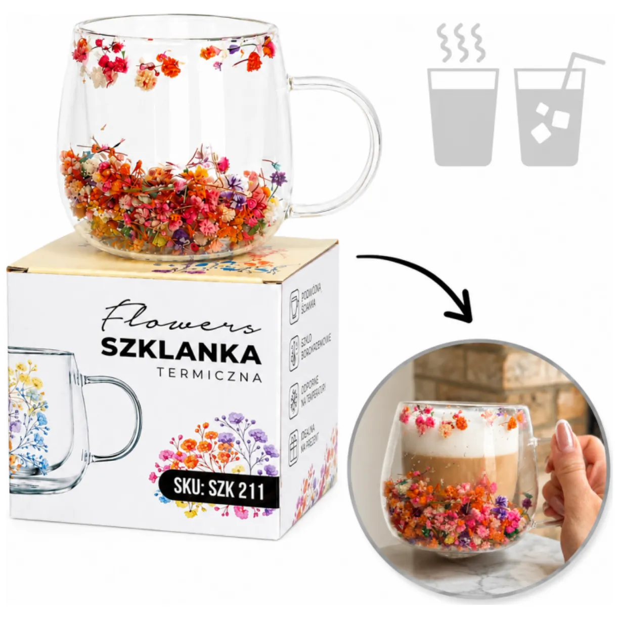 Szklanka termiczna z kwiatami w środku, gipsówka kolorowa 300 ml 1szt SZK211