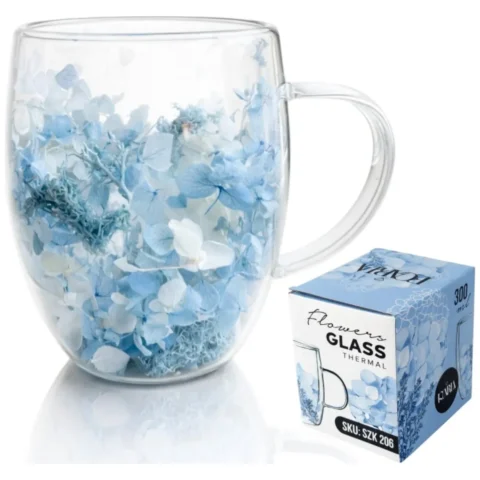 Szklanka termiczna z kwiatami w środku, hortensje, mech niebieskie 300 ml 1szt SZK206