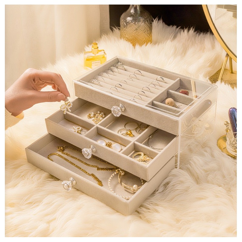 Szkatułka na biżuterię, kuferek transparentny welurowy krem Diamonds 3 szuflady PD152K - obrazek 3