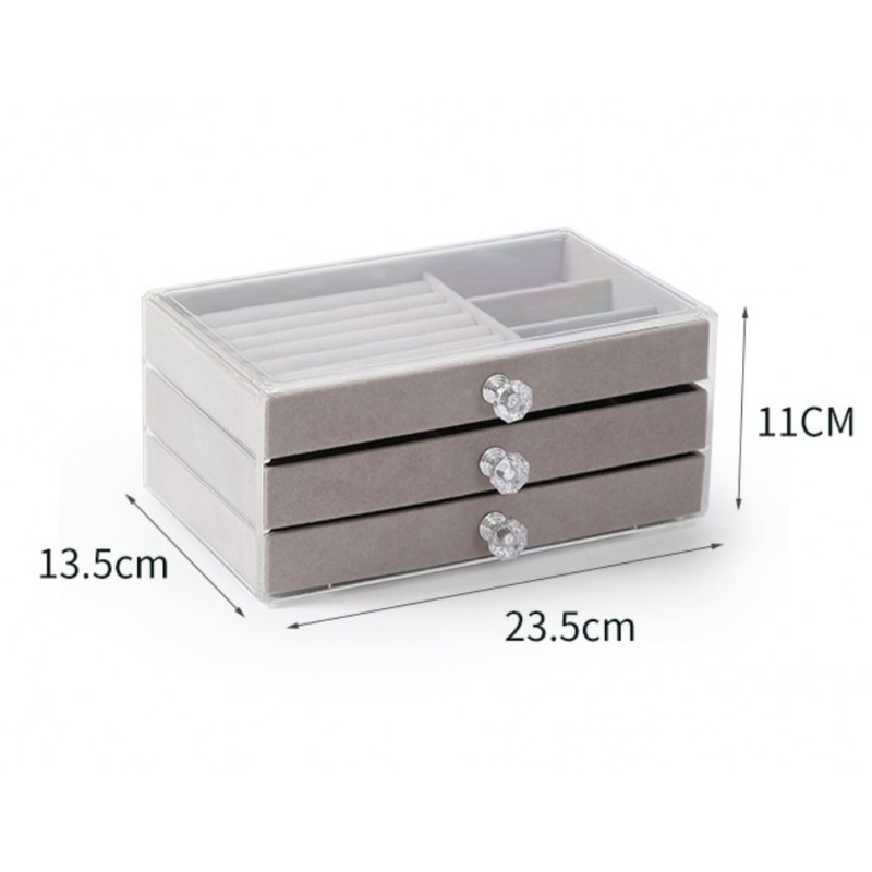 Szkatułka na biżuterię, kuferek transparentny welurowy krem Diamonds 3 szuflady PD152K - obrazek 4
