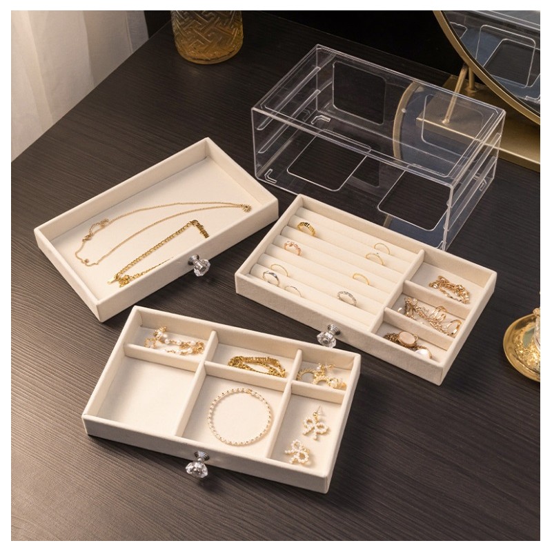 Szkatułka na biżuterię, kuferek transparentny welurowy krem Diamonds 3 szuflady PD152K - obrazek 5